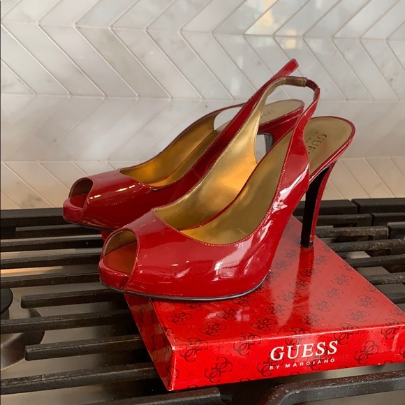 Red peep toe sling back pumps - Picture 4 of 8